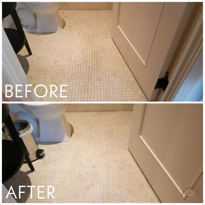 Mosaic bathroom floor grout cleaned and color sealed, before and after