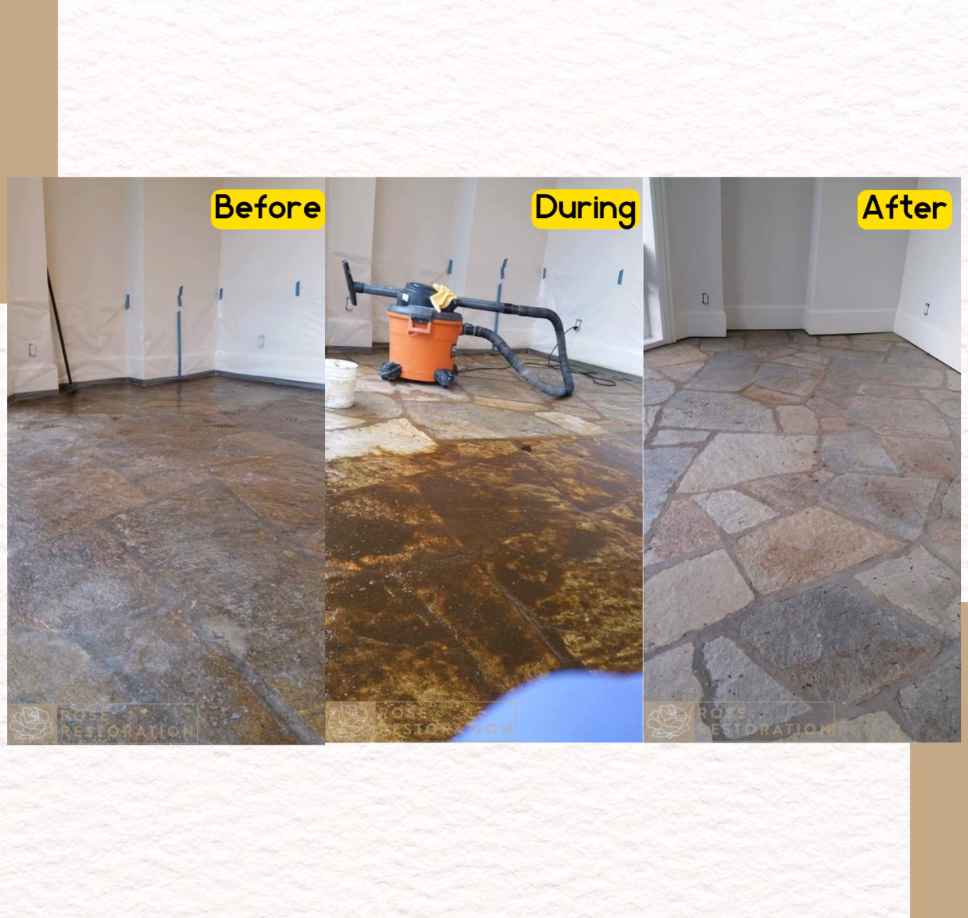 Before, during, and after slate floor stripping, cleaning, and sealing process