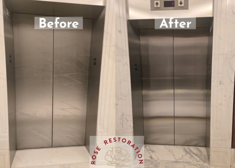 Stainless steel elevator doors and marble surround before and after metal refinishing by Rose Restoration