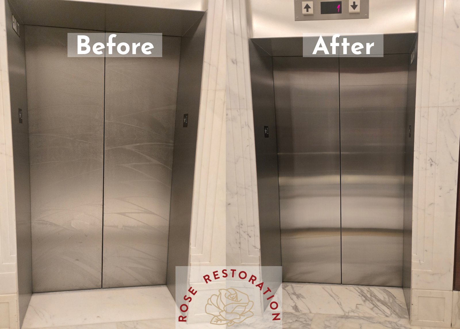 Stainless steel elevator doors and marble surround before and after metal refinishing by Rose Restoration