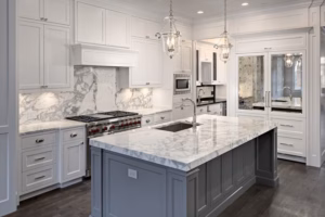 White Carrara marble kitchen countertop restoration