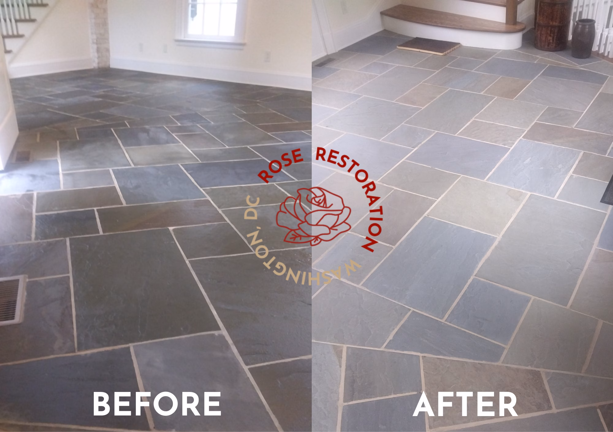 Before and after slate floor restoration showing dramatic improvement in color and finish