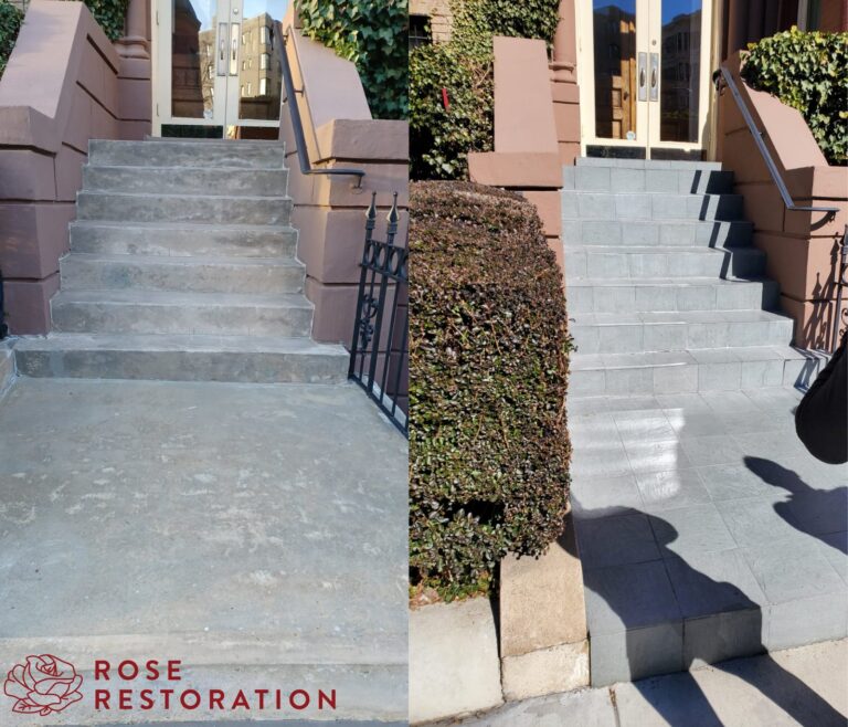Brownstone exterior concrete stair treads before and after restoration by Rose Restoration, DC