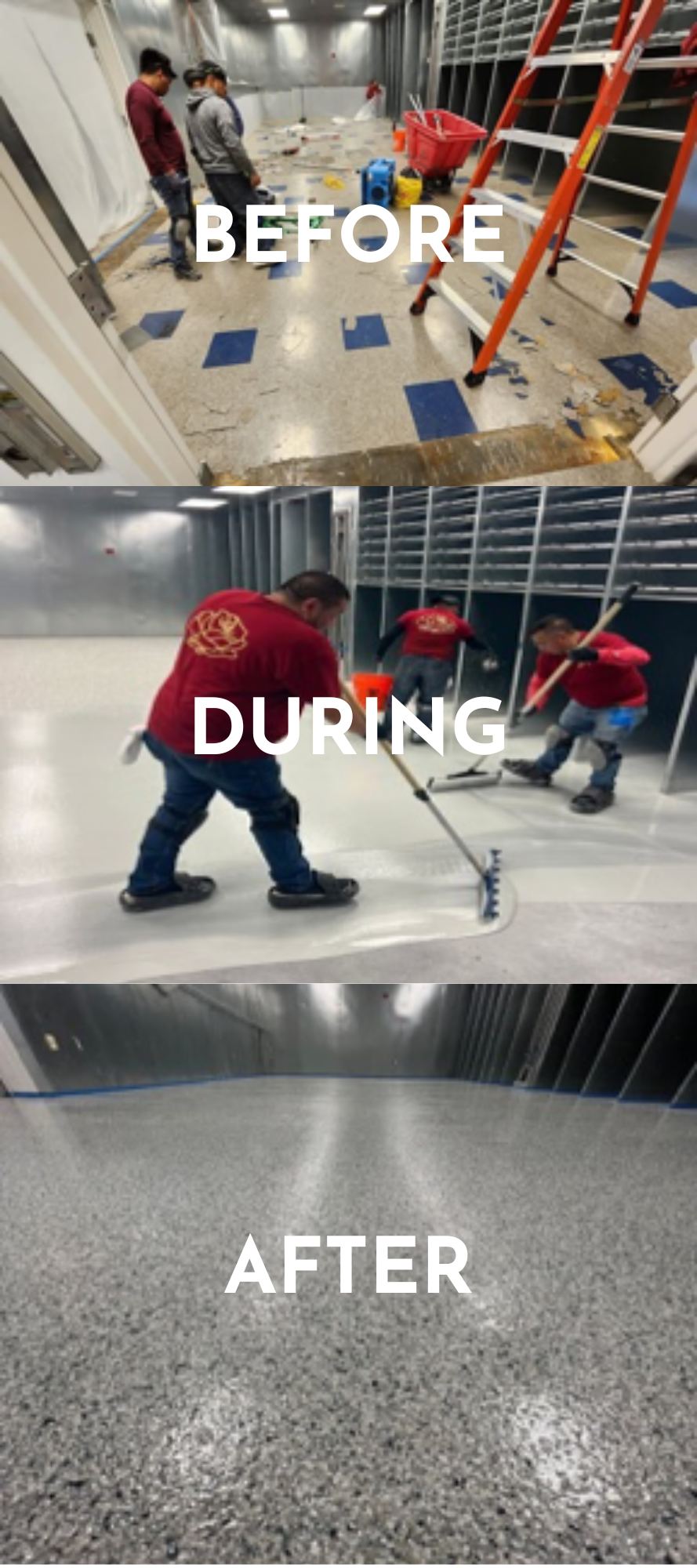 Epoxy flake garage floor before, during, and after installation in DC
