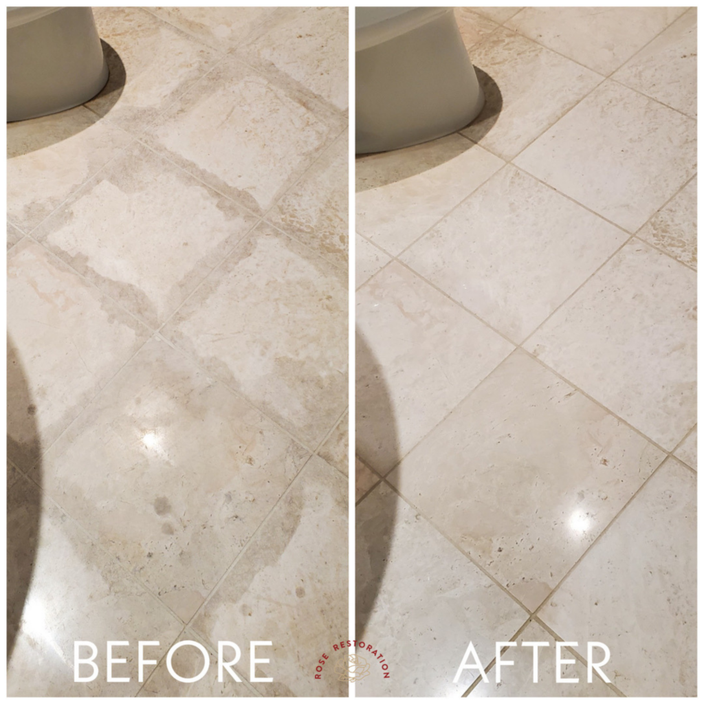 Full Restoration of Bathroom Floor. Clean, Hone, Polish, & Seal.