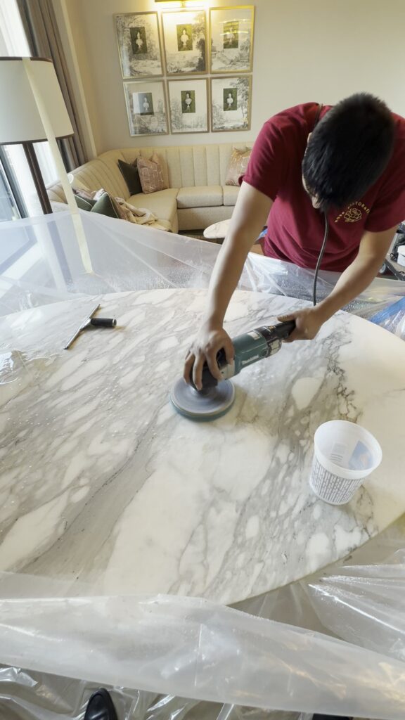 Hotel marble maintenance in progress — Rose Restoration at Four Seasons DC