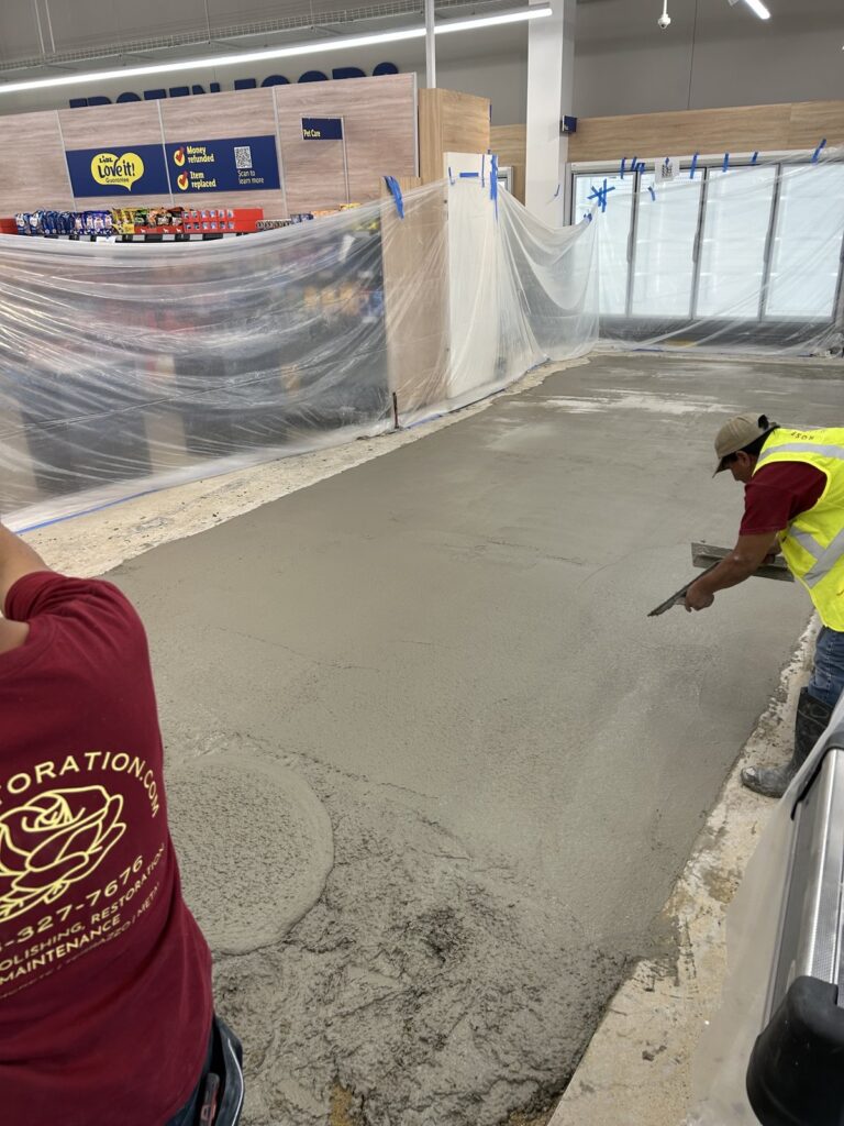 Retail store polished concrete floor restoration in progress by Rose Restoration
