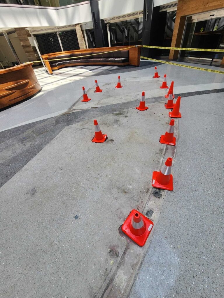 Commercial terrazzo lobby floor during professional restoration
