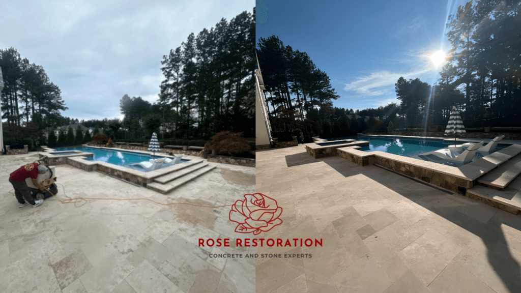 Ivory travertine pool deck before and after cleaning and restoration by Rose Restoration