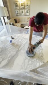Rose Restoration crew working on white marble — hone, polish, seal