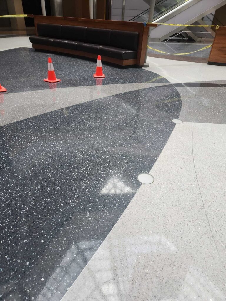 Commercial terrazzo lobby floor polished to mirror finish by Rose Restoration
