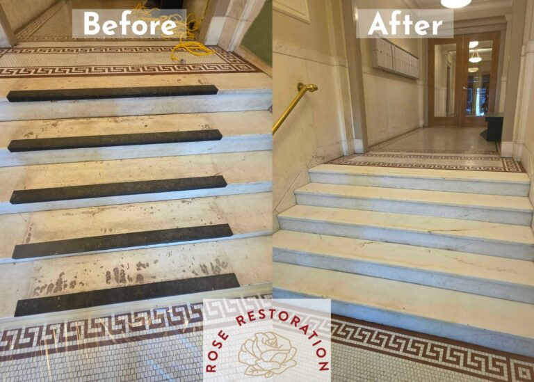 Marble lobby stairs with Greek key mosaic — before and after restoration by Rose Restoration, DC MD VA
