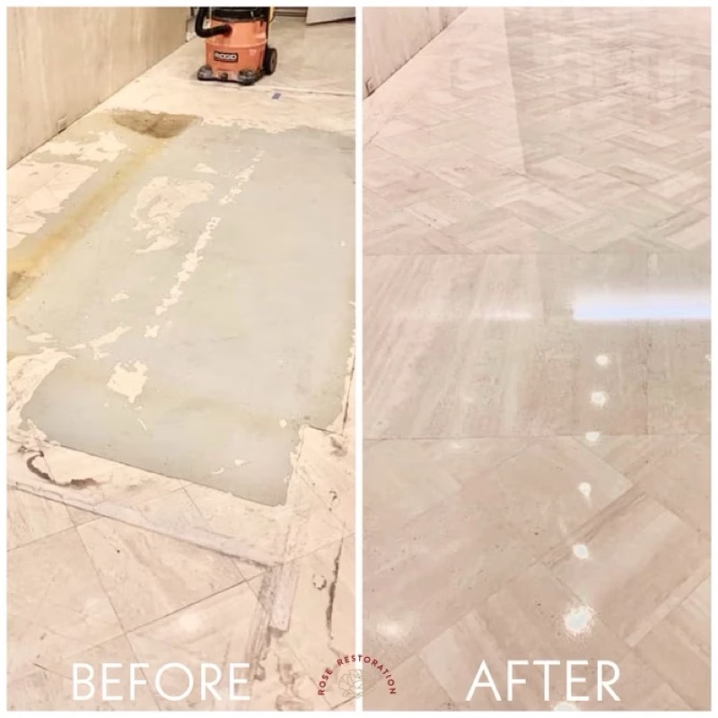 Marble herringbone floor restoration before and after