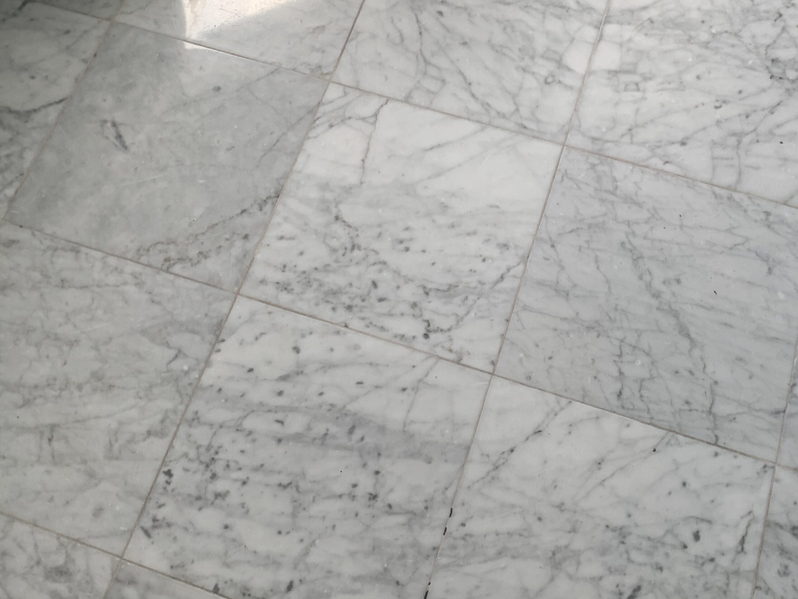 Detail of white Carrara marble veining pattern on freshly polished floor by Rose Restoration
