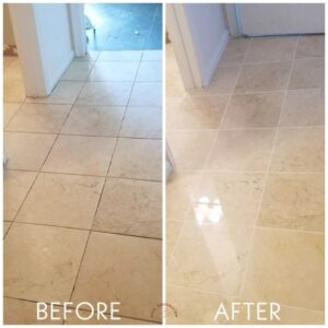 Cream marble tile floor before and after polishing