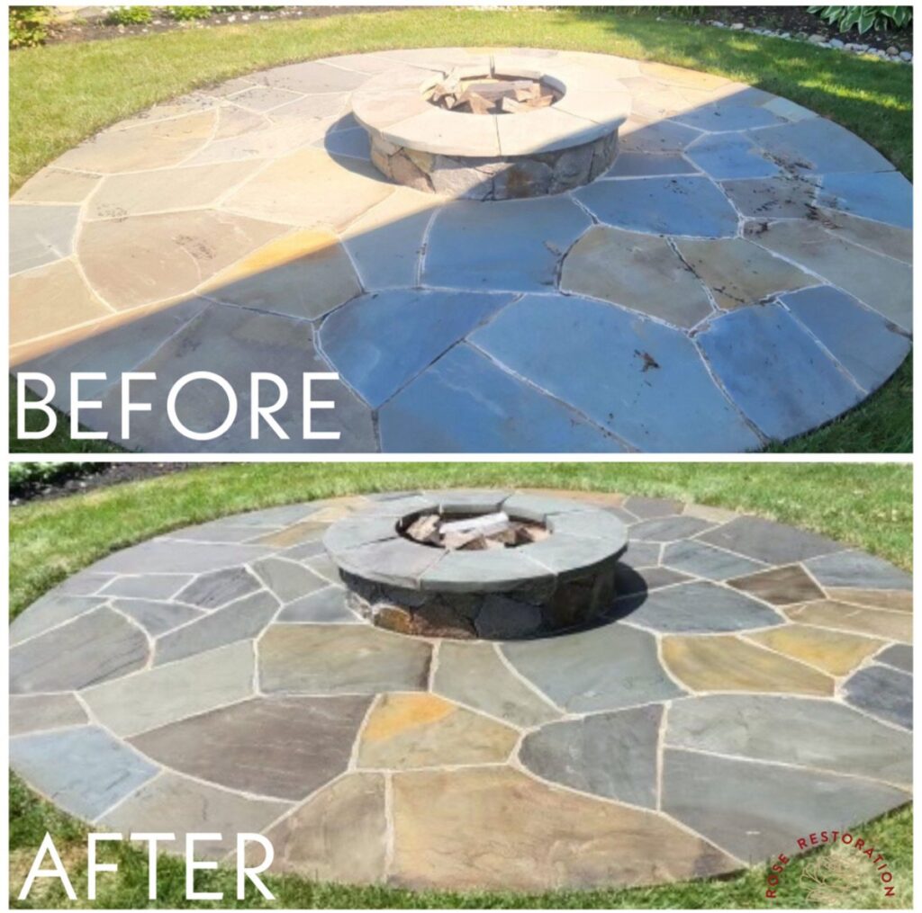 Before and after comparison of circular flagstone patio and fire pit — residential natural stone restoration by Rose Restoration