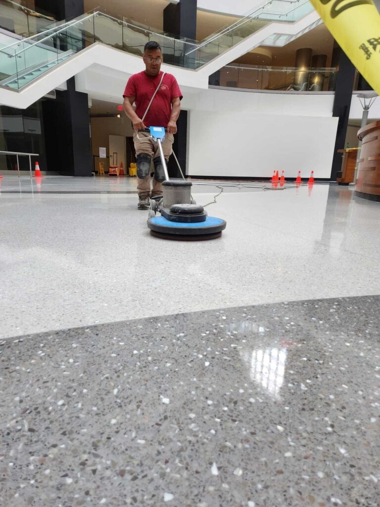 Commercial terrazzo atrium floor during restoration by Rose Restoration