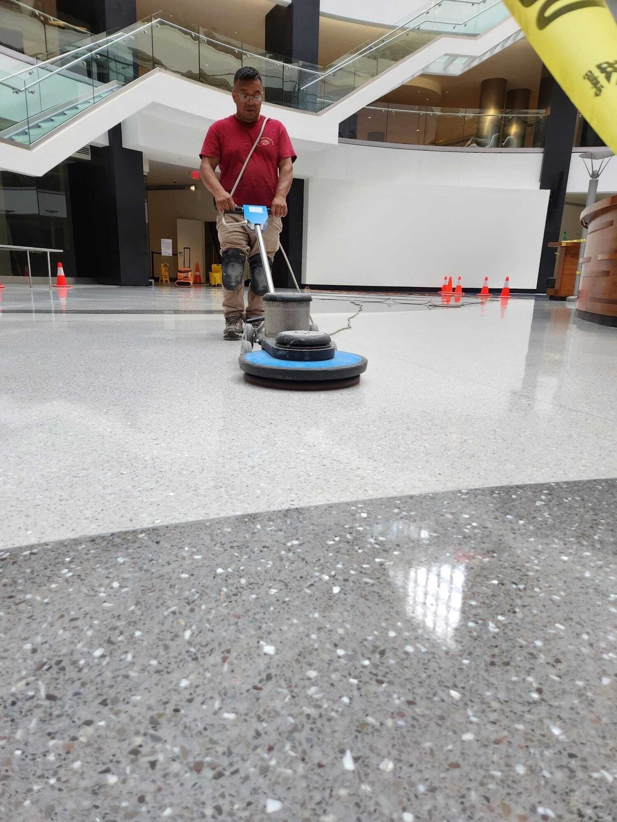 Commercial terrazzo atrium floor during restoration by Rose Restoration