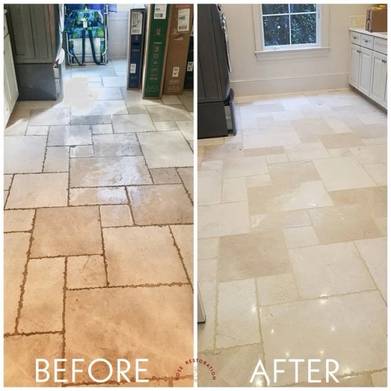Travertine kitchen floor restoration before and after