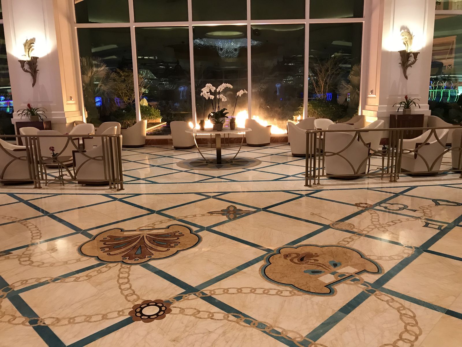 Baha Mar lobby seating arranged over a restored inlaid marble floor