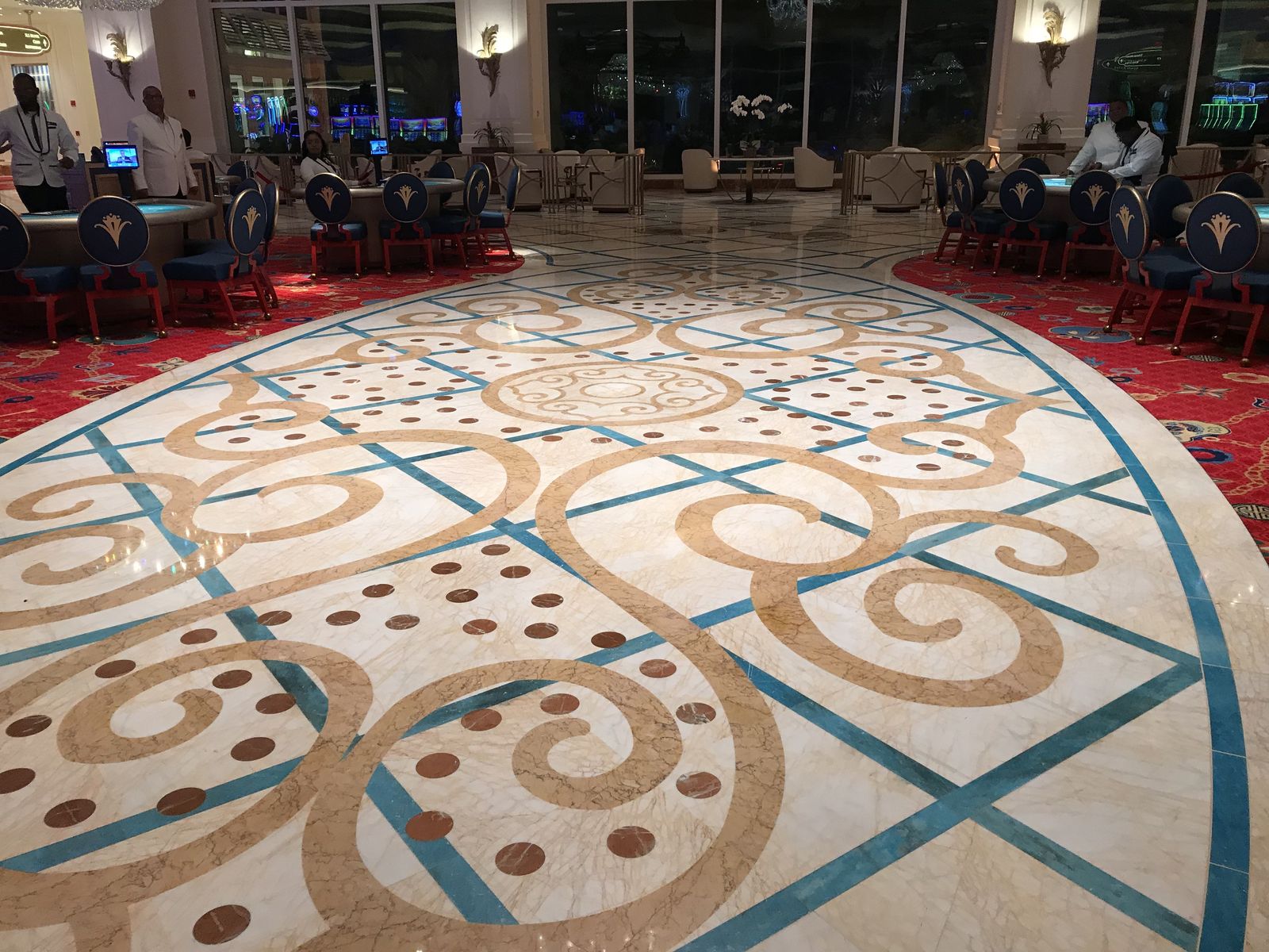 Close view of the decorative marble and brass inlay border in the Baha Mar lobby floor