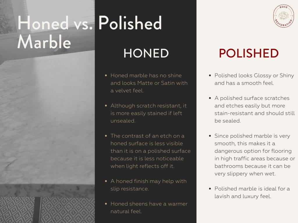 Honed marble next to polished marble, showing the difference in sheen