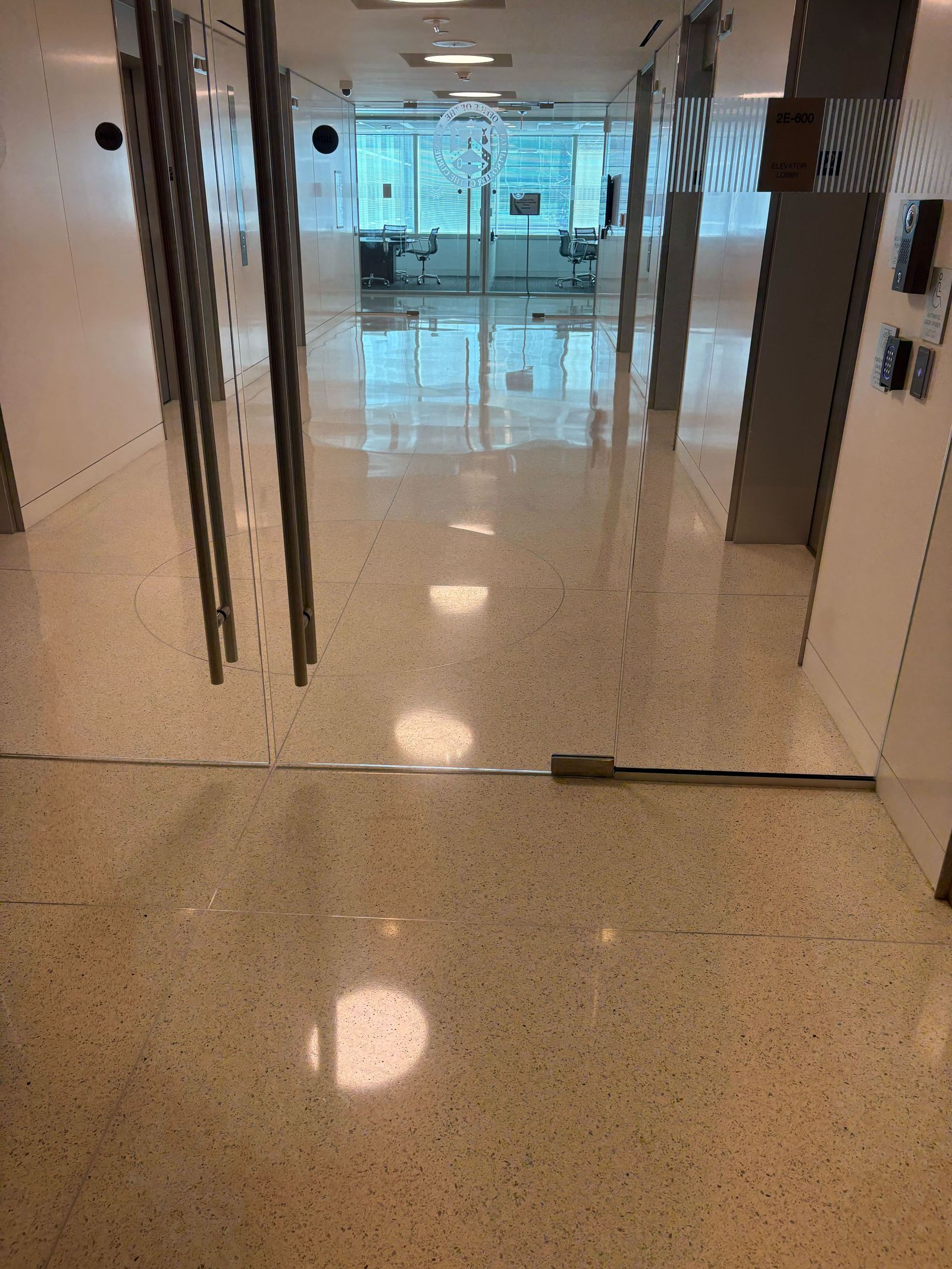 Restored terrazzo floor running between offices in a Washington DC building