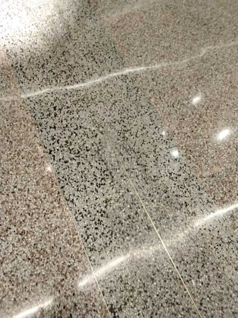 Polished terrazzo floor reflecting overhead light after restoration by Rose Restoration