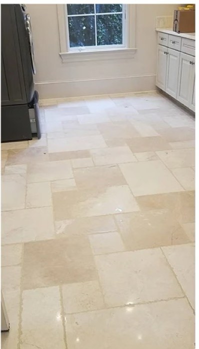 Travertine kitchen floor after restoration