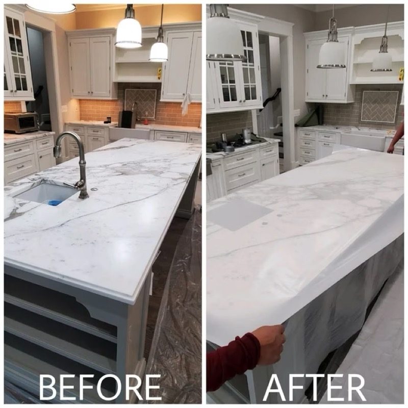 Calacatta marble kitchen island shown before and after refinishing by Rose Restoration