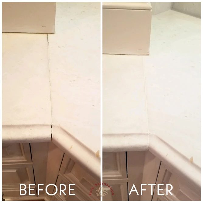 Countertop seam and chip repair shown before and after