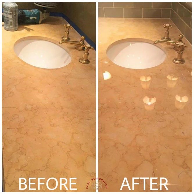 Marble bathroom vanity top shown before and after refinishing by Rose Restoration