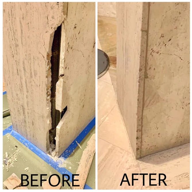 Travertine shower wall crack repaired, shown before and after