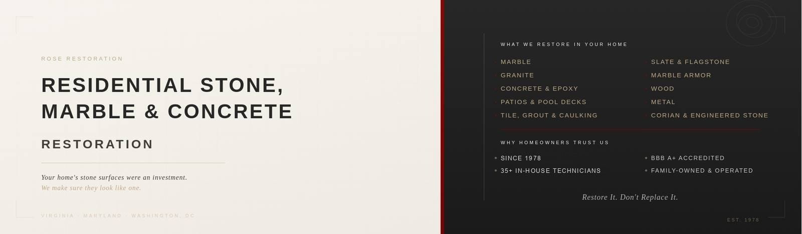 Residential stone, marble and concrete restoration services from Rose Restoration, serving Virginia, Maryland and Washington DC