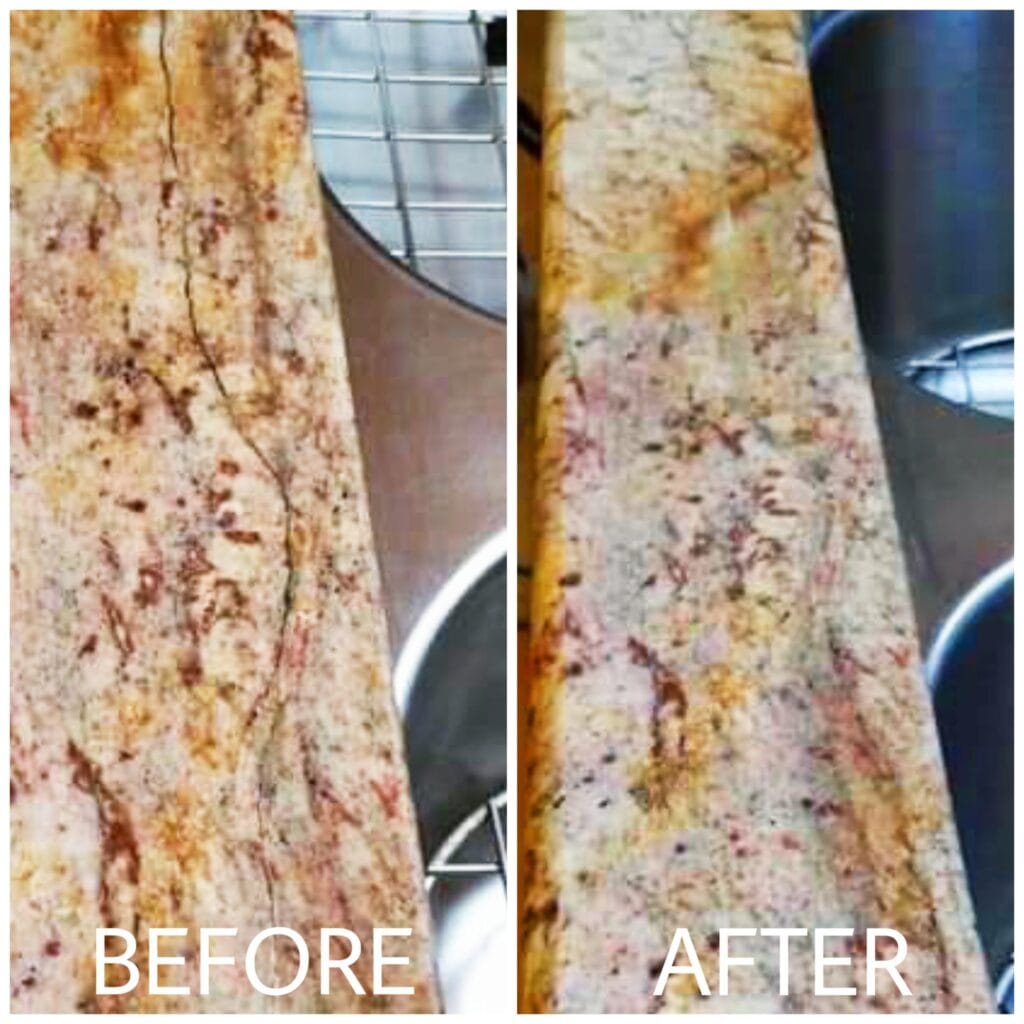 Before and after: chipped granite countertop edge filled and blended