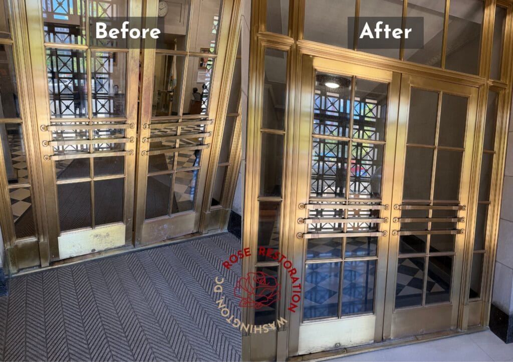 Before and after: metal and glass elevator doors polished