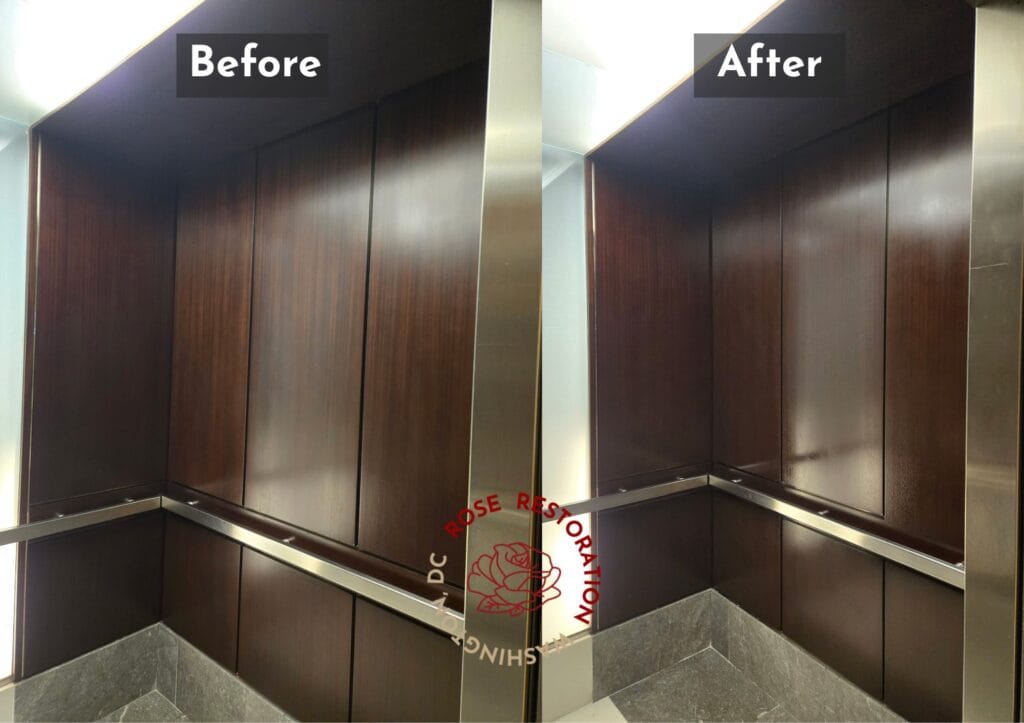 Before and after: wood elevator cab panels refinished