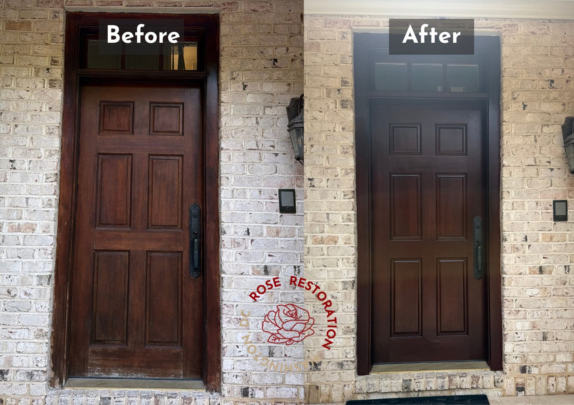 Before and after: wood front door refinished by Rose Restoration