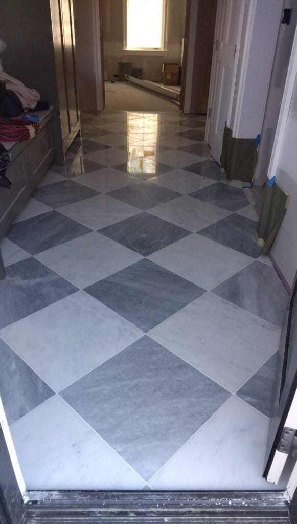 Checkerboard stone floor from a Rose Restoration job in McLean, VA