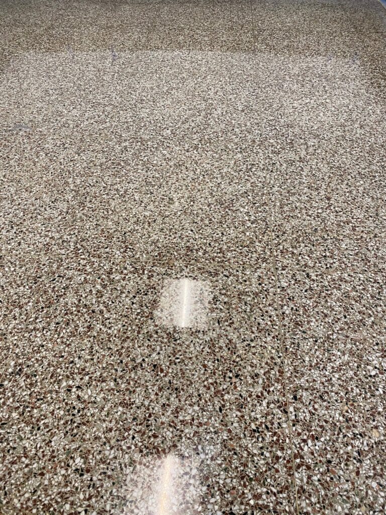 Close view of a glossy epoxy flake floor