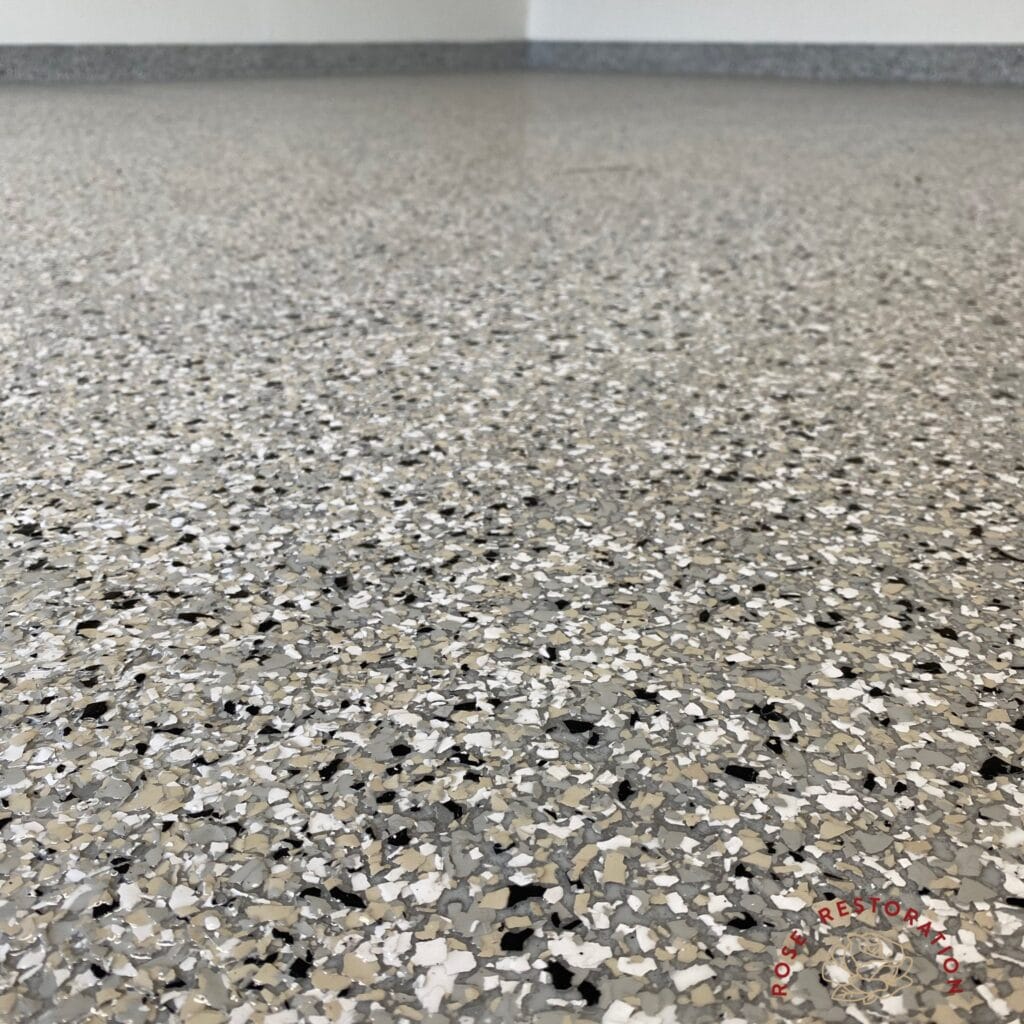 Close view of an epoxy flake floor finish