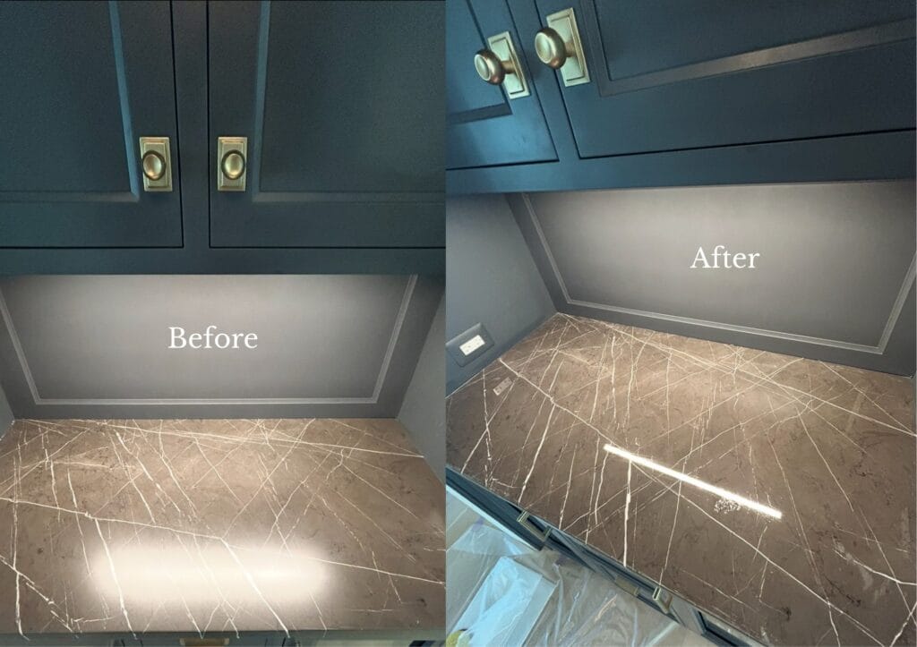 Dark marble surface before and after restoration