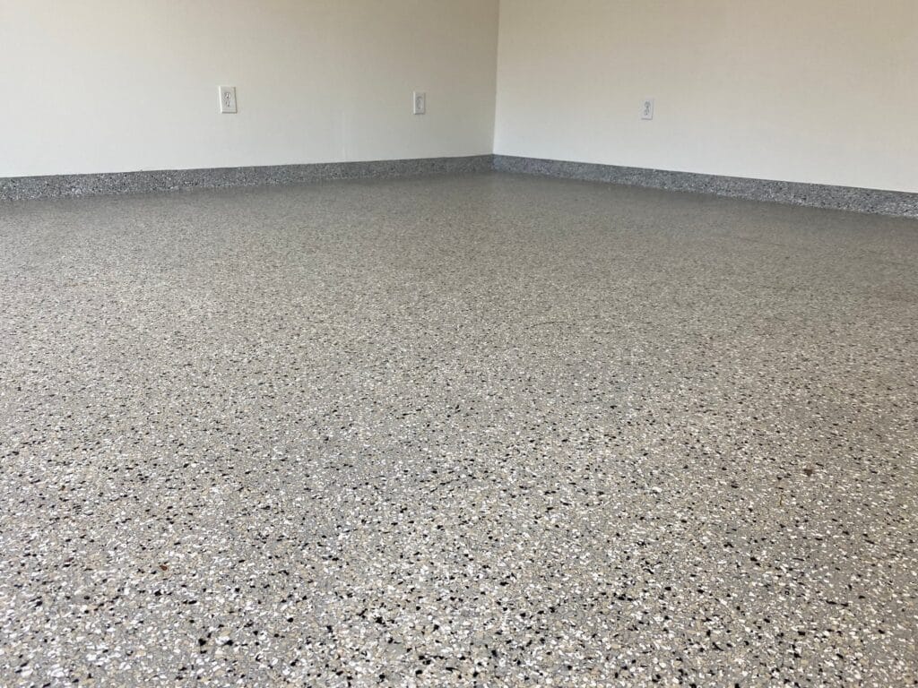 Finished epoxy flake floor in an open room