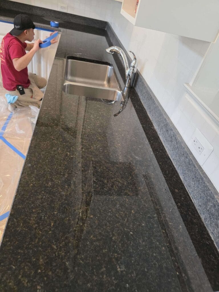 Granite countertop with undermount sink from a Rose Restoration job in Centreville, VA