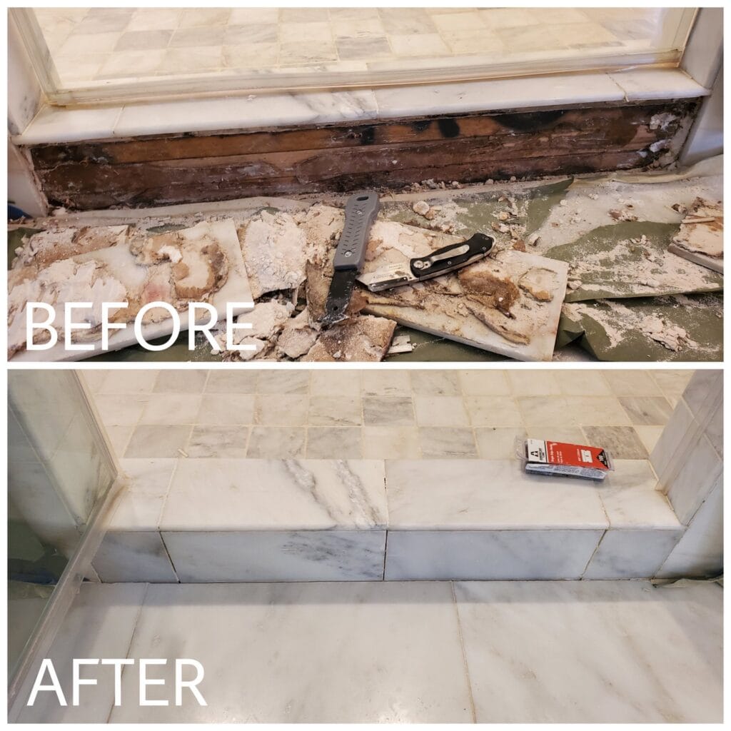 Before and after: broken marble shower curb removed and rebuilt with new marble