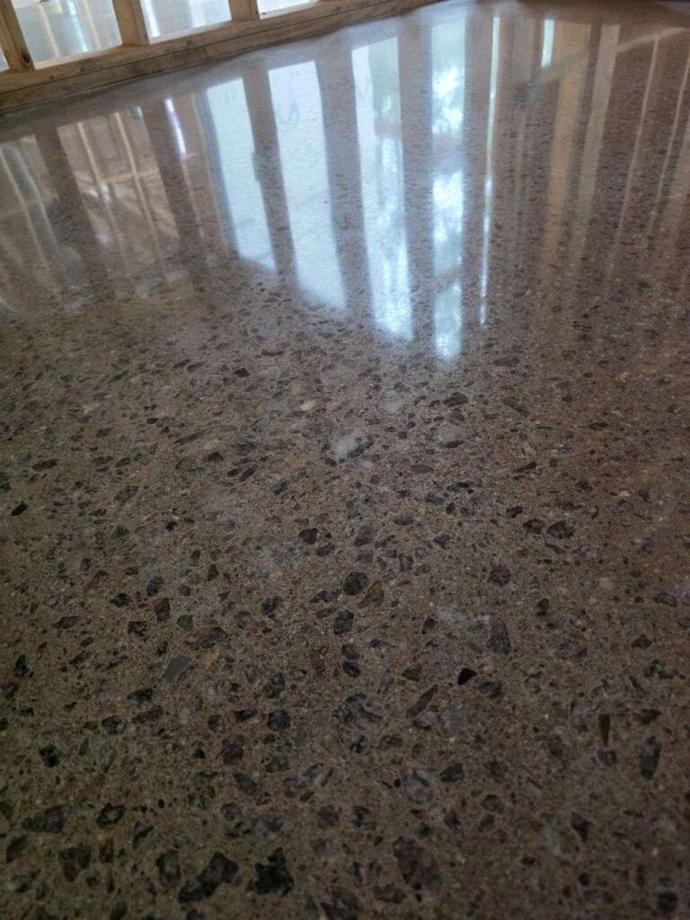 Polished concrete floor with aggregate from a Rose Restoration job in McLean, VA