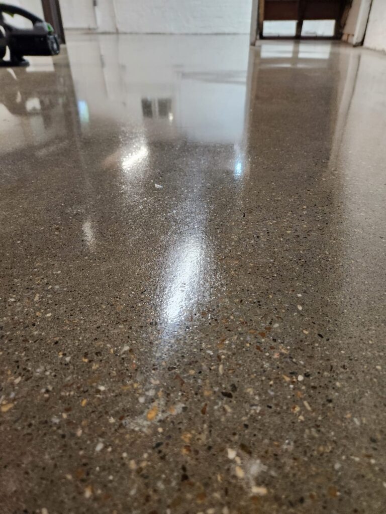 Polished concrete floor with exposed aggregate