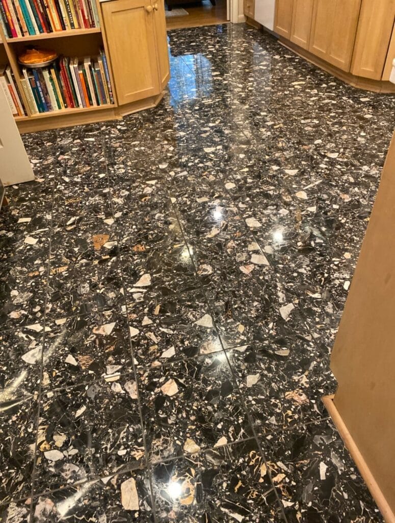 Polished dark stone floor from a Rose Restoration job in Washington, DC