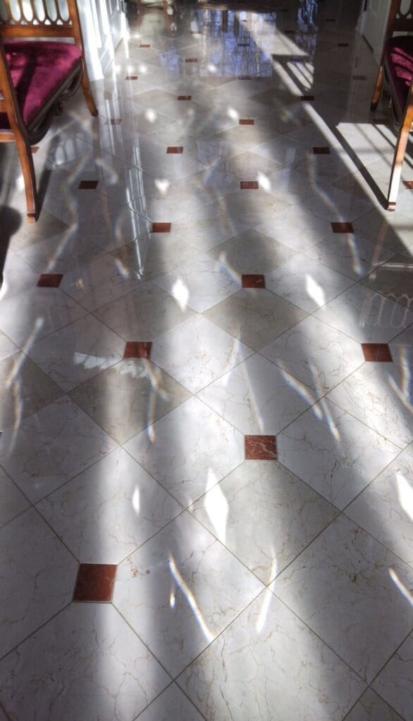 Polished dark stone floor with inlays from a Rose Restoration job in Leesburg, VA