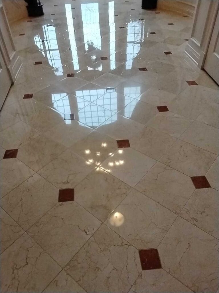 Polished marble floor with diamond pattern from a Rose Restoration job in Leesburg, VA